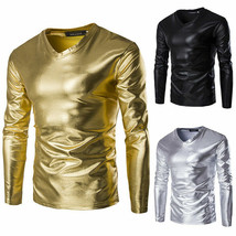 Mens Sexy Wet Look Shiny Metallic Slim T-shirt Long Sleeve V Neck Top Clubwear - £14.03 GBP