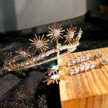 Gold Sun Tiara and Earring Set, Bridal Crystal Crown, Halo Crown Wedding Jewelry - £61.51 GBP
