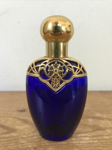 Primary image for Vintage 80s 90s Avon Mesmerize EMPTY Cobalt Blue Brass Perfume Bottle Decor 5"