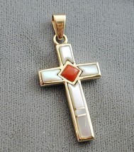 Vintage 14k Native American Coral &amp; Mother Of Pearl Cross Pendant - £199.21 GBP