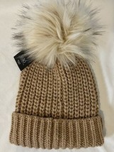 NWT Ba-Bo Tan Knit Cap with Faux Fur Pom One Size - £18.69 GBP