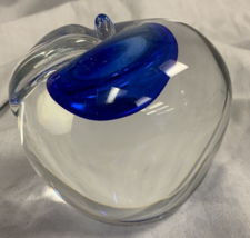 Glass Apple Shaped Paperweight with Cobalt Blue Accent Art Glass Beautiful - $14.31