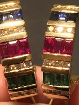 Estate 14k Yellow Gold Over Emerald Ruby Sapphire Diamond Omega clip earrings - £70.72 GBP