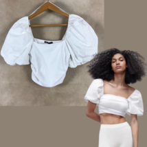 Zara women&#39;s White Puff sleeve Ribbed cotton Crop Top NWT size Medium - £14.81 GBP