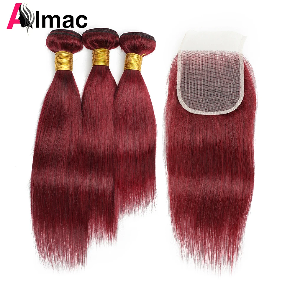 99J Red Indian Remy Straight Human Hair Bundles With 4x4 Closure With - £87.10 GBP+