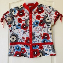 Womens Red Floral Short Tie Sleeve Button Up Blouse Size M- Glitters in ... - £9.34 GBP