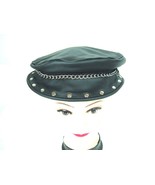 Vtg Leather Biker Motorcycle Hat Cap Black with Chain Metal rivets 70s U... - $69.25