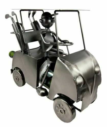 Ebros Gift Golfer With Golf Cart Hand Made Metal Wine Bottle Holder 13.5"L