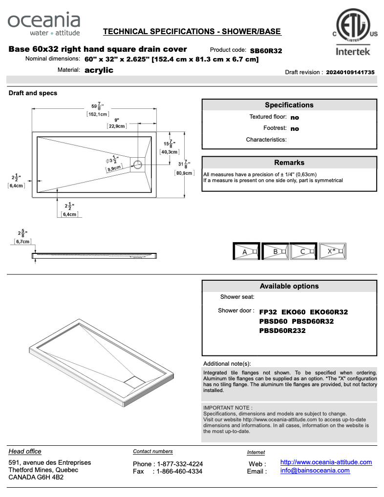OCEANIA Attitude SB60R32A01  Shower Pan Base 60" x 32" x 2.625" Item image 3