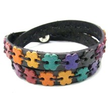 Multicolor Sweet Floral Link Black Leather Double Wrap Bracelet - £8.73 GBP