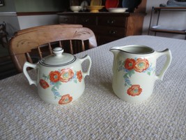 Vintage Hall Kitchenware Orange Poppy Covered Sugar &amp; Creamer Pottery Set - £40.59 GBP