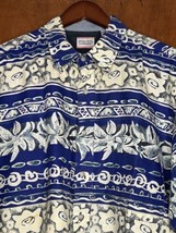 Vintage Bugle Boy Hawaiian Bark Cloth Short Sleeve Shirt Men&#39;s Large Blue - £39.31 GBP