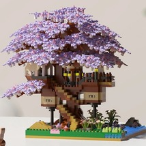 Cherry Blossom Flower Pink Tree House Train Assembly Building Blocks Toy... - $18.99