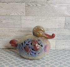 Vintage Duck Candle Holder Curled Beak Red Blue Tan Ornate Handmade Pottery - £17.80 GBP