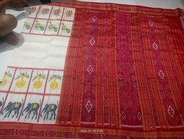 white  and red Odisha Sambalpuri Ikat Pure Silk Saree - $271.07