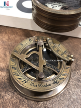 Antique Brass Sundial Compass Marine Boat Gift Pocket Sun Dial Nautical - £47.95 GBP