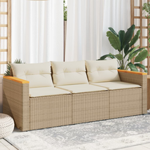 Outdoor Garden Patio Beige Poly Rattan 3-Seater Sofa Chair Seat With Cushions - £206.22 GBP