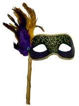 Green Purple Feather Stick Venetian Masquerade Mardi Gras Mask - £15.02 GBP