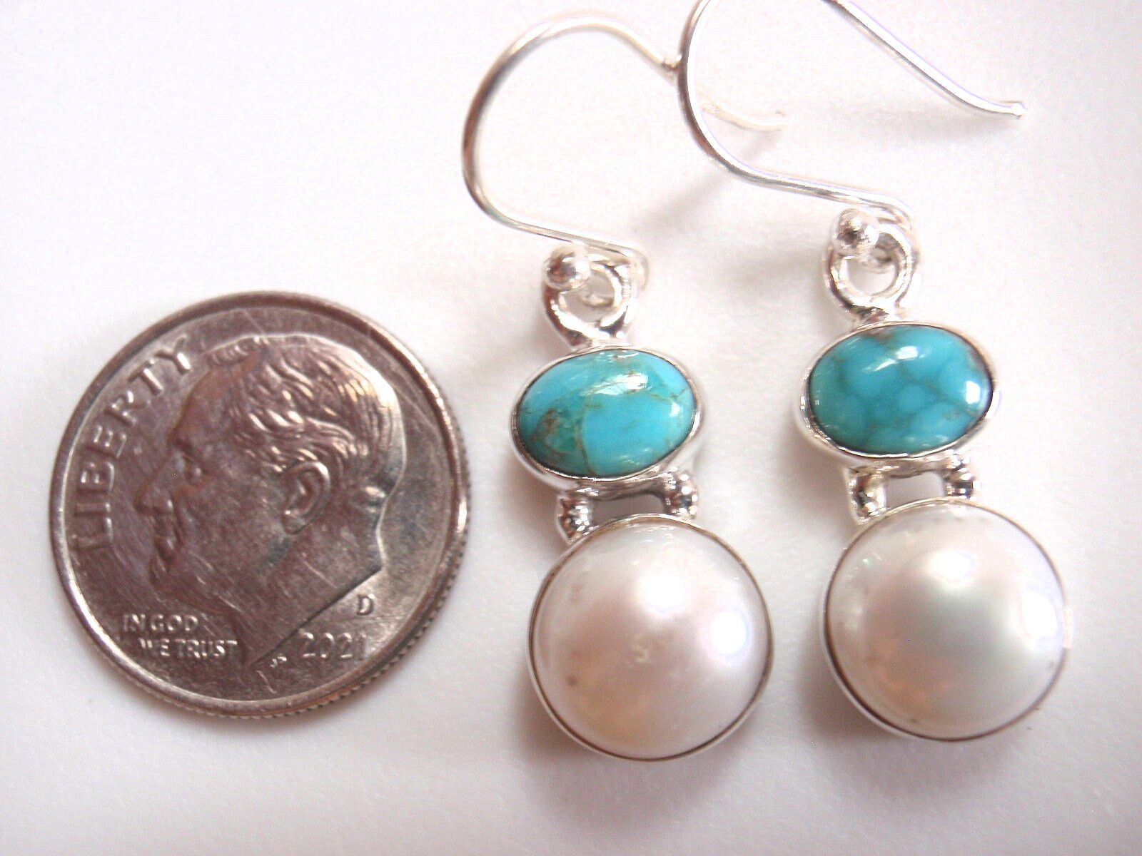 Turquoise and Cultured Pearl 925 Sterling Silver Dangle Earrings