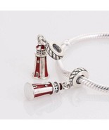 925 Sterling Silver Red Light House Dangle Charm With Red Enamel Pendant  - £13.84 GBP