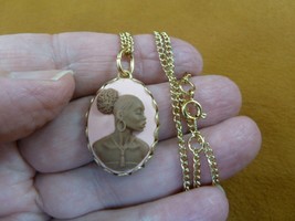 CA10-186) RARE African American LADY pink + brown CAMEO brass pendant necklace - £21.63 GBP