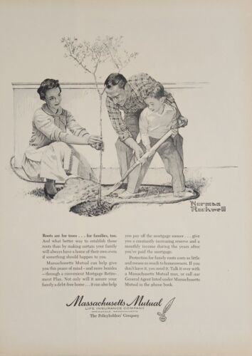 1958 Print Ad Mass Mutual Life Insurance Family Plants Tree by Norman Rockwell - $20.68