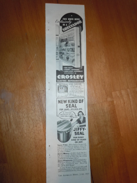 Vintage Crosley Refrigerators &amp; Jiffy Seal Small Print Magazine Ads 1937 - $3.99