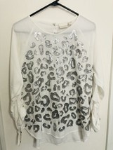 Chicos Women Blouse Size 2 Large White Long Tab Sleeve Silver Sequins Snaps - £16.69 GBP