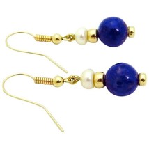 Estate 14K Yellow Gold Lapis Lazuli Cultured Pearl Dangle Earrings - £159.07 GBP