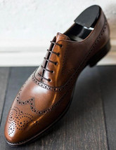 Mens Oxfords Leather Dark Brown Wingtip Lace Up Formal Wear Handmade Shoes - £112.46 GBP