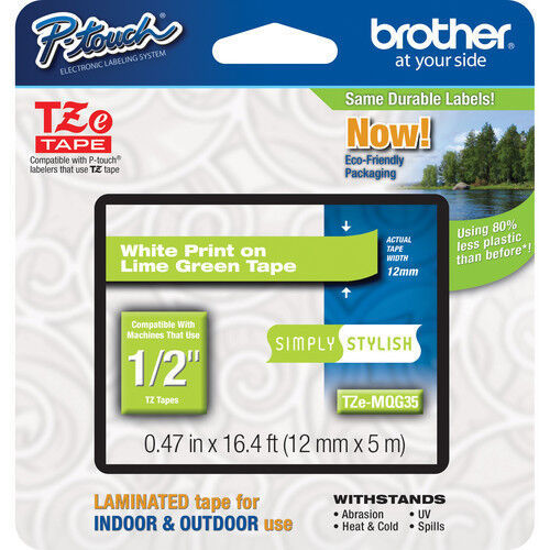 Brother TZMQG35 12mm white on lime green P-touch TZ tape PT1090 PT1280 PT1290