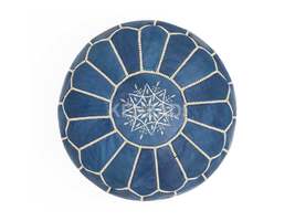 Moroccan leather pouf, round pouf, berber pouf, blue pouf with beige emb... - £54.13 GBP