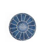 Moroccan leather pouf, round pouf, berber pouf, blue pouf with beige emb... - $95.73 CAD