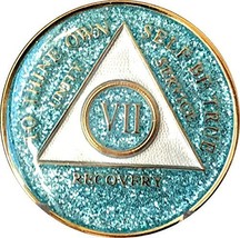 7 Year AA Medallion Aqua Glitter Tri-Plate Bling Bling Chip - £14.07 GBP
