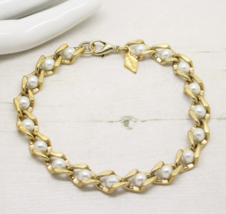 Vintage Signed Sarah Coventry Cov Gold Curb Link Pearl BRACELET Jewellery - £23.90 GBP