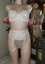 3 pc Vtg Vctoria&#39;s Secret White Satin Lace 36C Bra~M Garter Belt~Thong Panty Set - £65.05 GBP