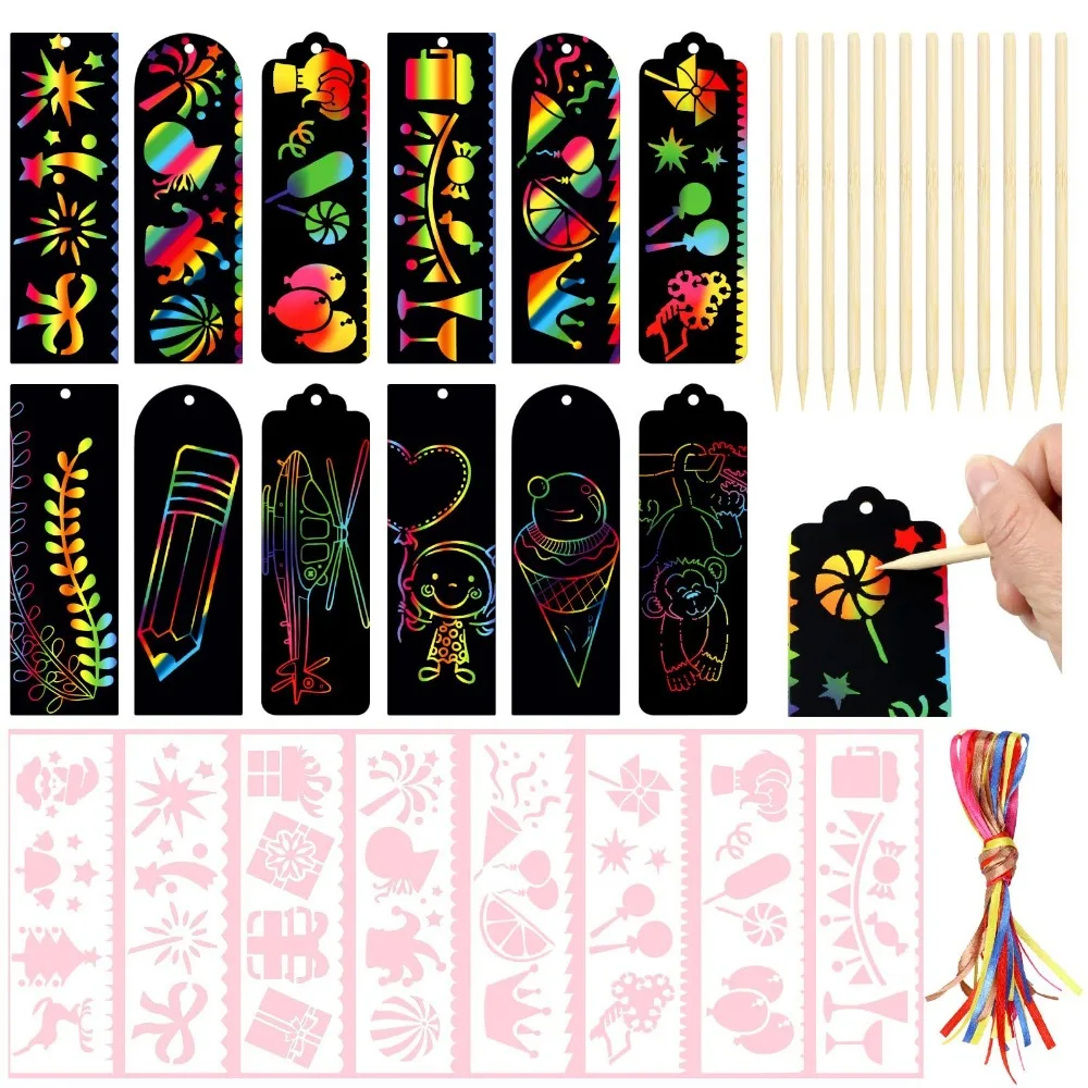 24 Pcs Scratch Bookmarks Rainbow Colored Magic Scratch Paper DIY Bookmark Crafts - £10.69 GBP+