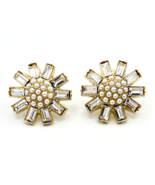 Vintage Gold Tone Baguette Pearl Snowflake Sunburst Earrings - $21.73 CAD