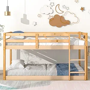 Twin Over Twin Bunk Bed with Safety Guardrail, Ladder for Kids Teens Spa... - $481.99