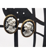 Vintage Resin Cameo Stud Earrings Gold Tone Black White Surgical steel post - $16.82