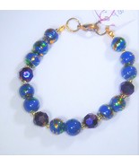 Bracelet Bead Blue Glass w/Painted Accents 7&quot; Free Extender Avail New Ha... - $9.00