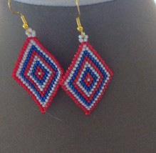 Red White and Blue Geometric Seed Bead Earrings, Diamond Shaped Earrings - £21.34 GBP