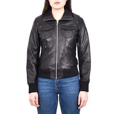 Womens Zip Fastening Soft Sheep Nappa Leather Classic Bomber Jacket Black DR514