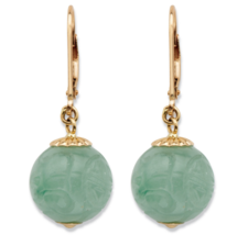 GREEN JADE ETCHED BEAD DROP EARRINGS SOLID 10K YELLOW GOLD - £319.33 GBP