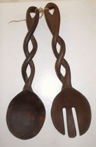 Vintage Hand Carved Spoon &amp; Fork Primitives Twisted Handles 12&quot; Estate - £35.16 GBP