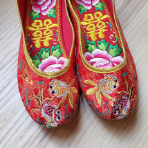 Red Embroidered Goldfish Bridal Shoes, Traditional Chinese Wedding, Wedd... - $32.99