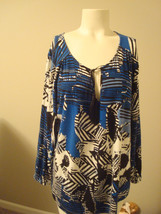 Cupio L Large Blue White &amp; Black Print Pullover Blouse with Tassels 3/4 ... - £13.33 GBP