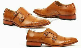 Handmade Men&#39;s Leather Genuine Tan Double Monk Oxford Cap Toe Formal Shoes -67 - $229.99