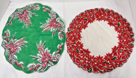 2 Vintage Christmas Hankies Round Poinsettia &amp; Candles w Holly AsIs - £11.33 GBP