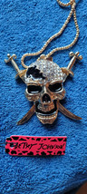 New Betsey Johnson Necklace Skull Swords Rhinestone Halloween Festive Shiny - £11.84 GBP